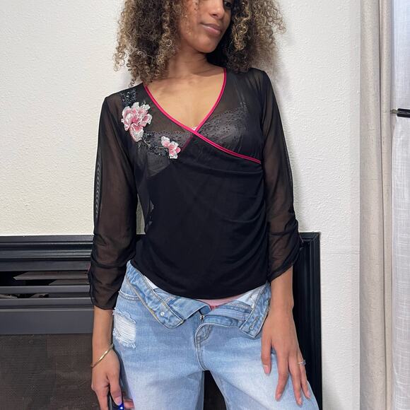 Vintage 00s sheer black mesh wrap blouse with sequin and embroideries (M) - Picture 7 of 9